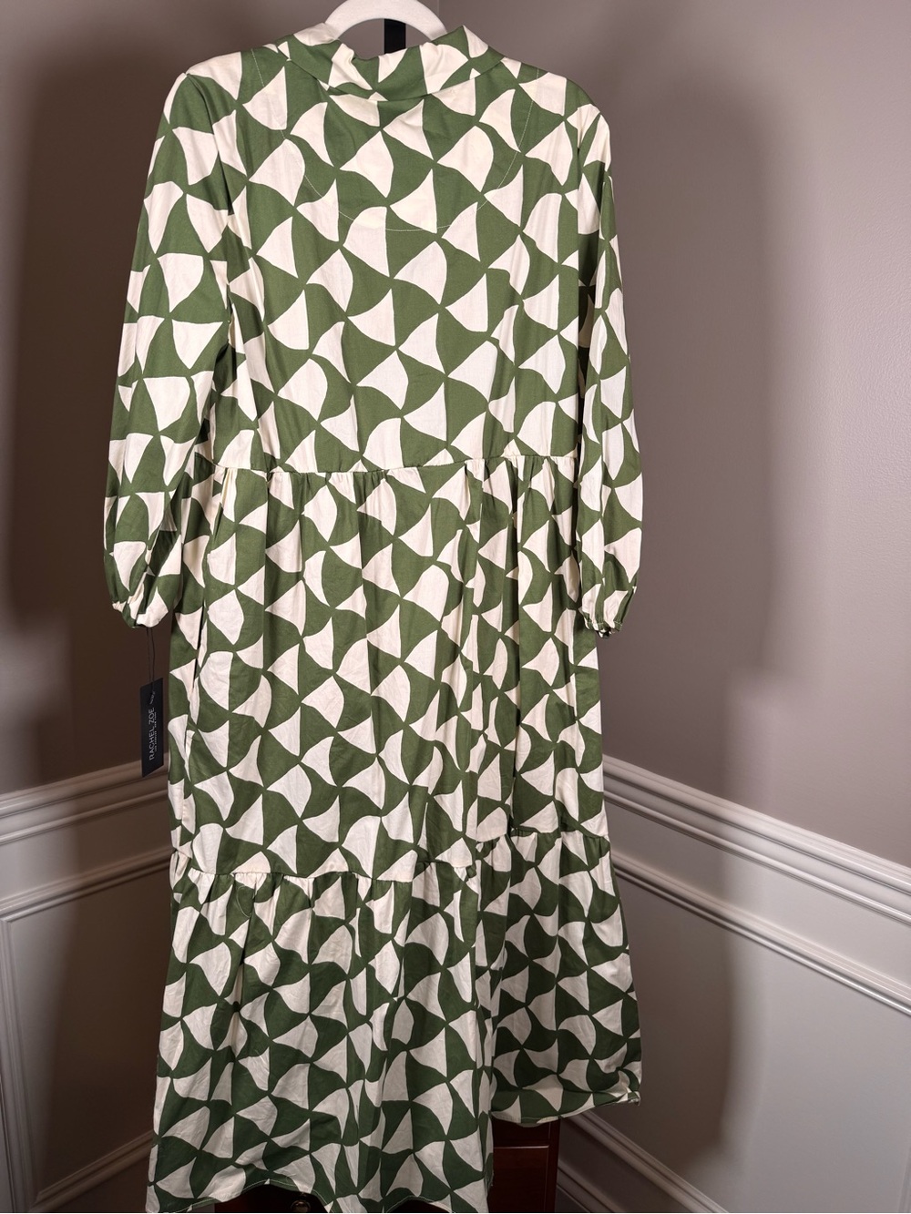 Rachel Zoe XL Green White Geometric Tiered Midi Shirt Dress NWT - Picture 6 of 6